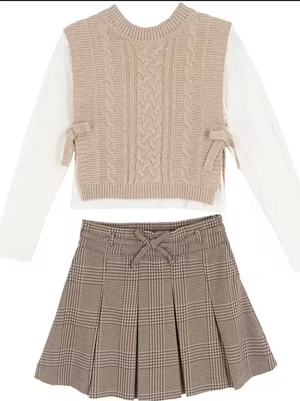 2 Set Girls Cable Knit Vest w/ Knit Long Sleeve T-Shirt & Plaid Pleated Skort 7